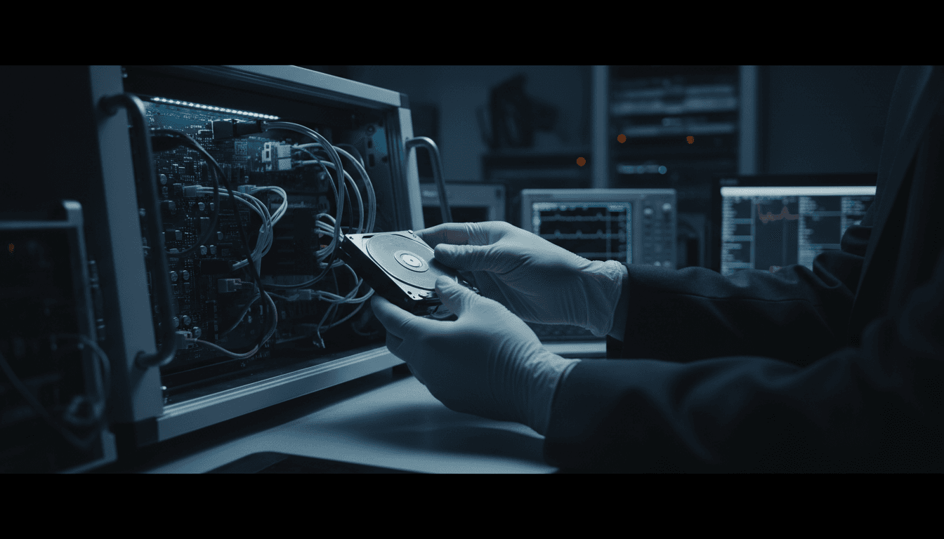 Certified engineer carefully extracting hard drive during data recovery procedure
