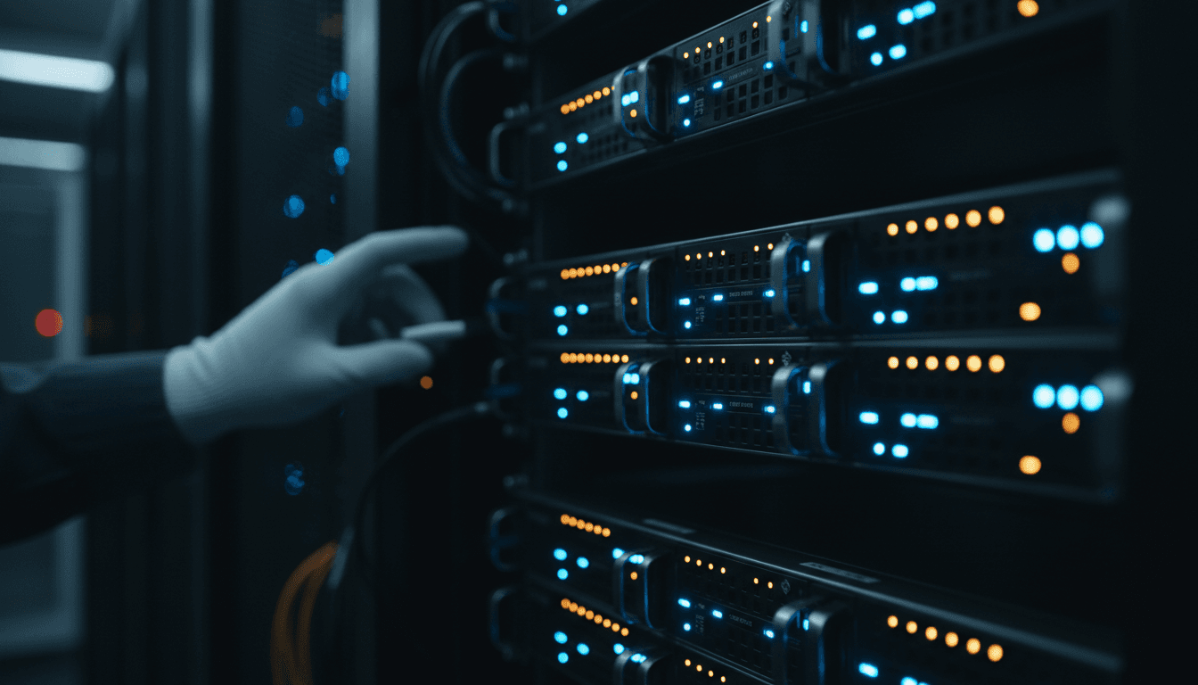 Data center server with glowing indicator lights showing active monitoring and urgent response