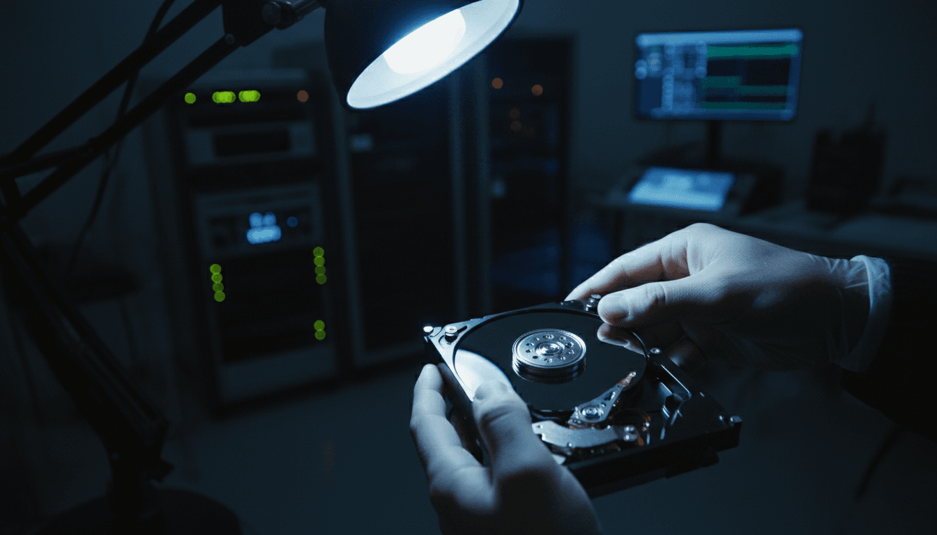 Data recovery engineer examining hard drive in secure facility