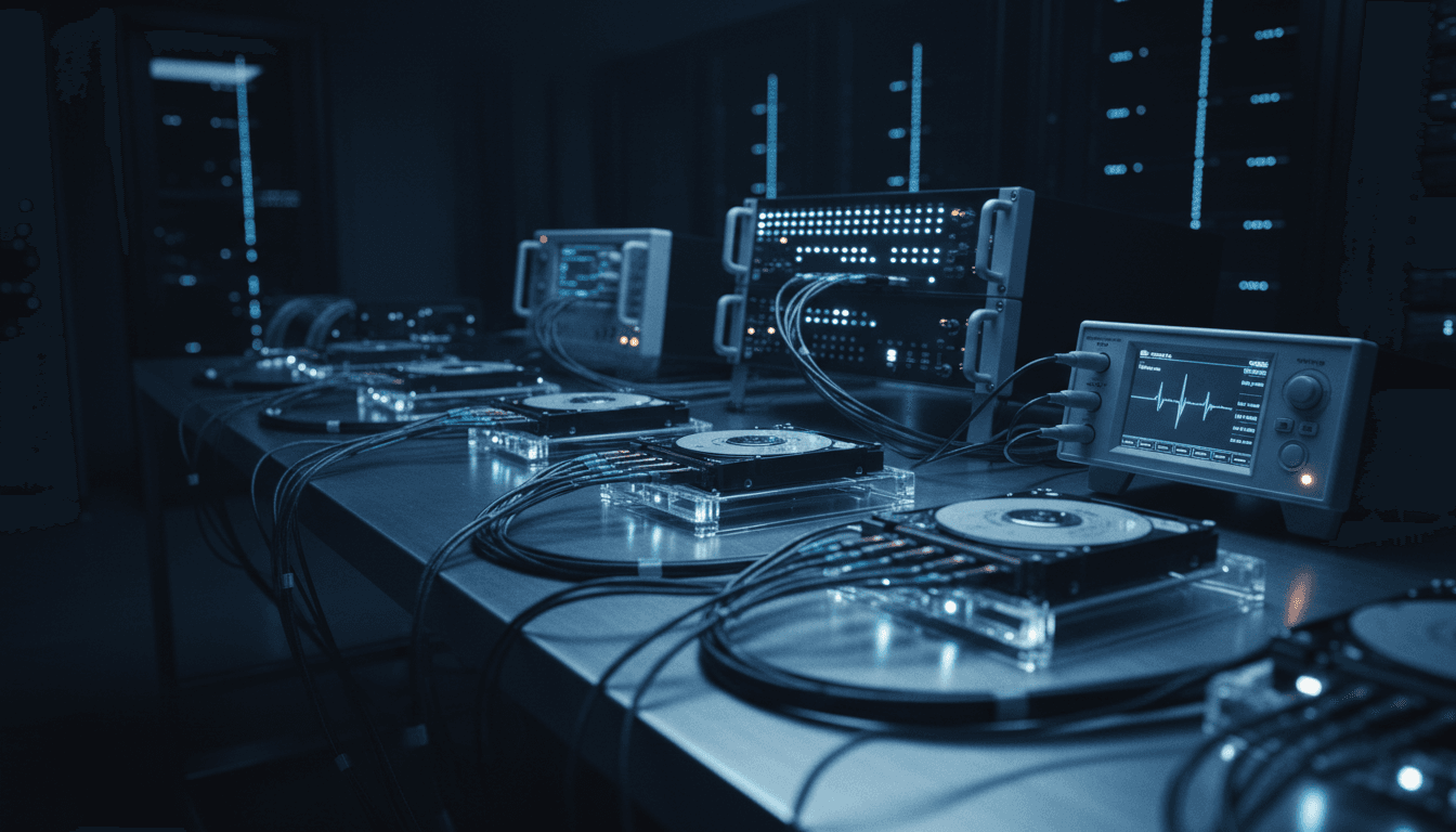 Professional data recovery workstation with diagnostic equipment and illuminated cable connections in Los Angeles facility
