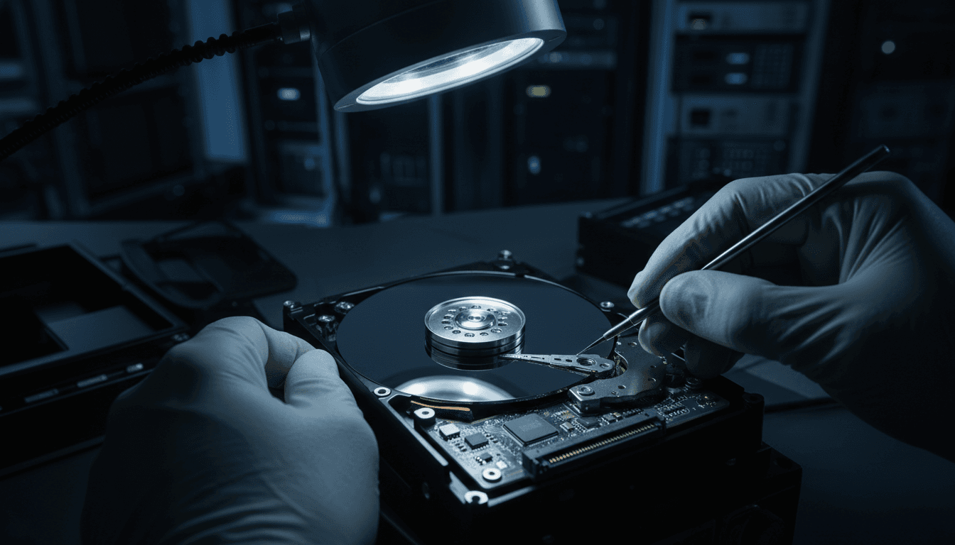 Data recovery engineer examining hard drive components under precision lighting in a secure facility
