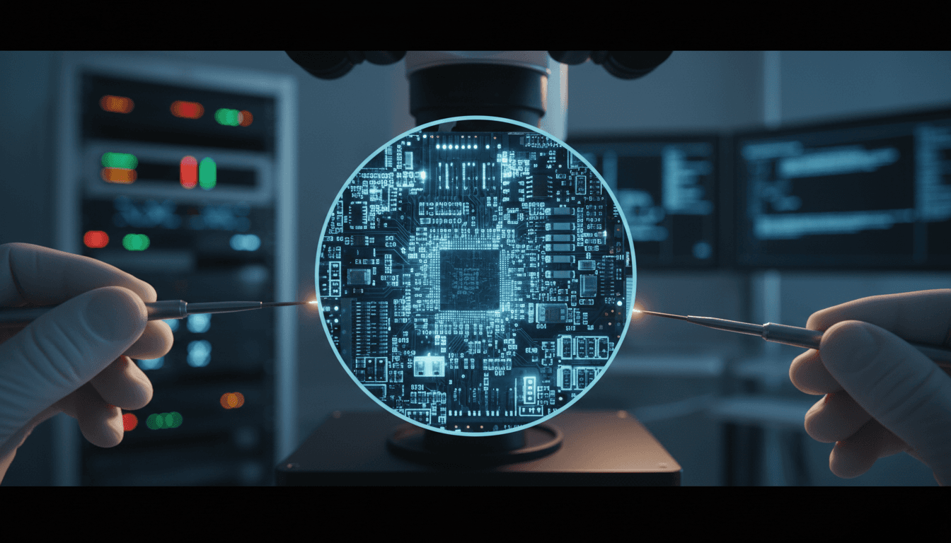 SSD under diagnostic microscope showing internal circuits