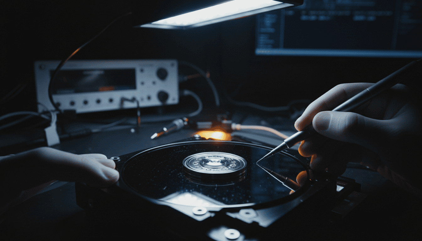 Certified engineer inspecting hard drive platter under magnification during diagnostic process