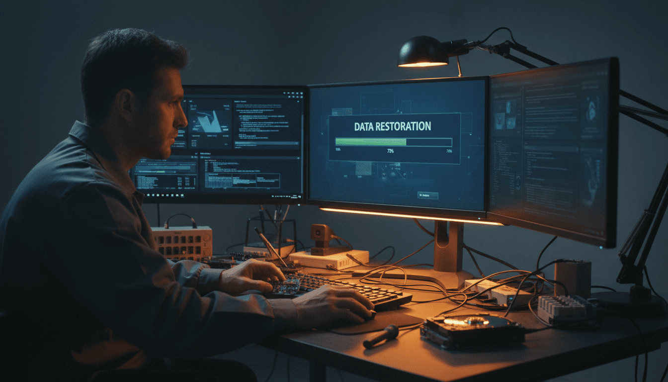 Data recovery technician monitoring recovery process on diagnostic workstation