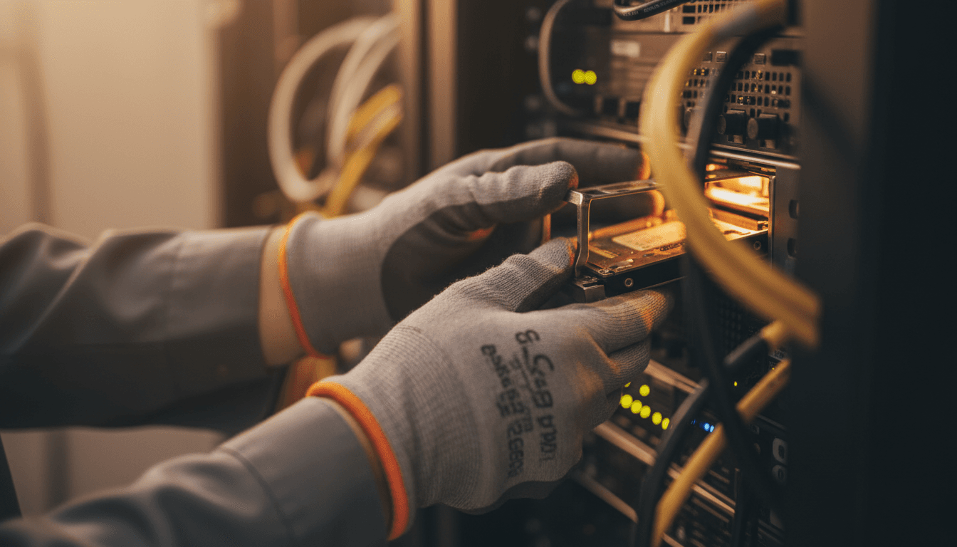 Technician removing a hot-swap drive from server