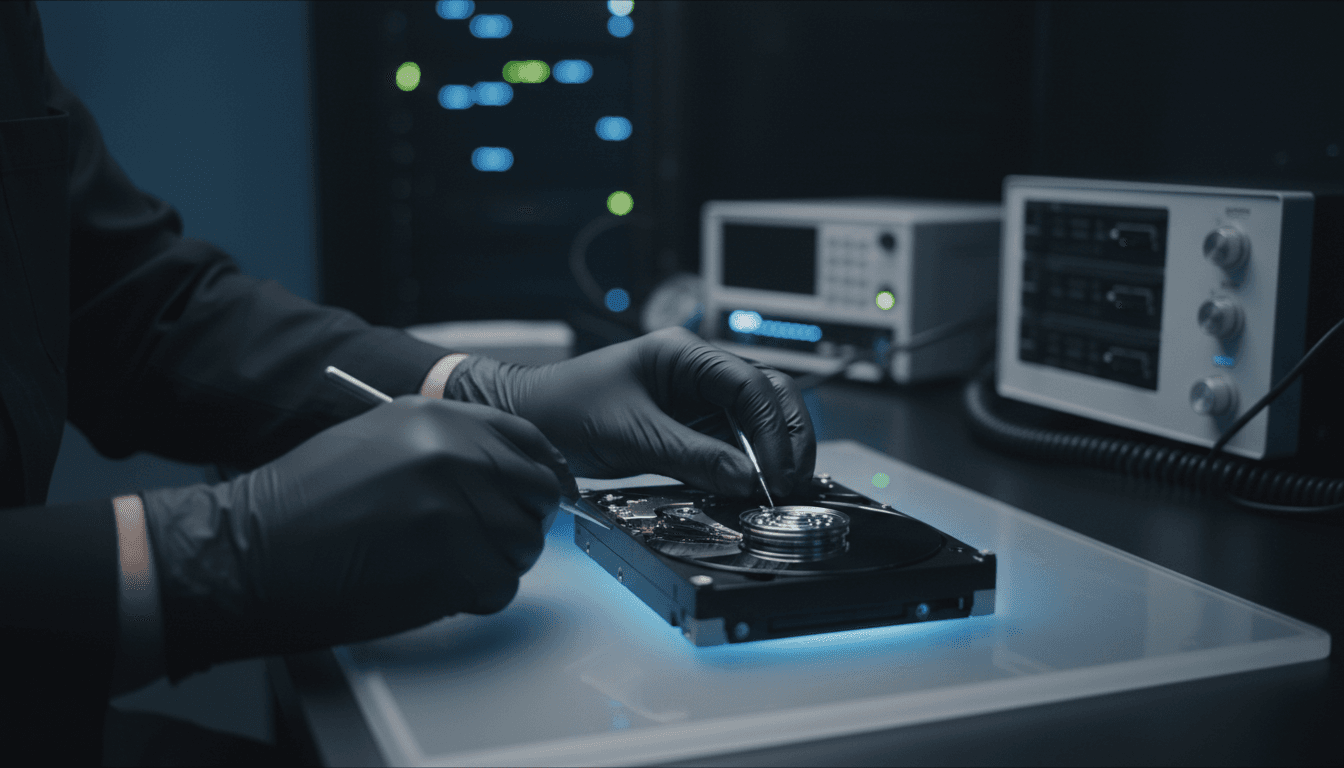 Certified data recovery engineer carefully handling a hard drive in a professional laboratory setting