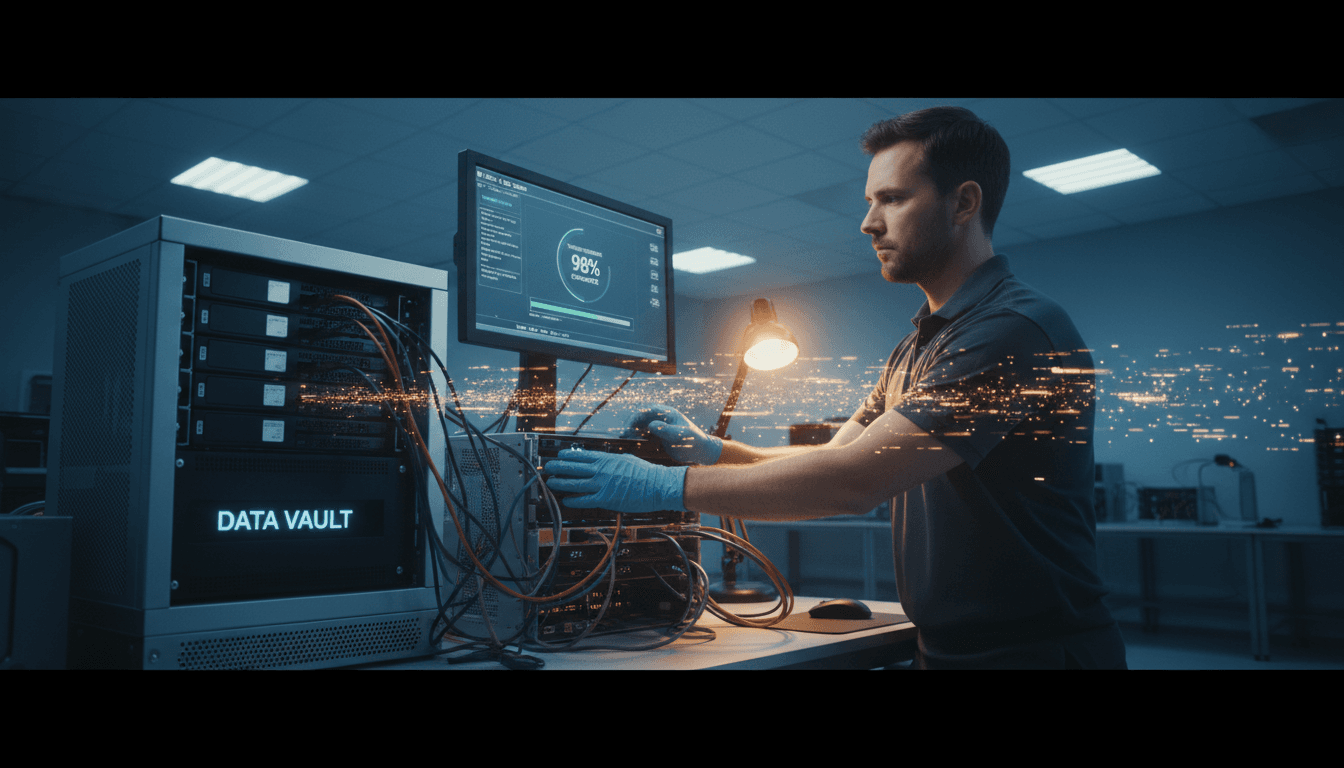 Technician transferring recovered server data to secure storage