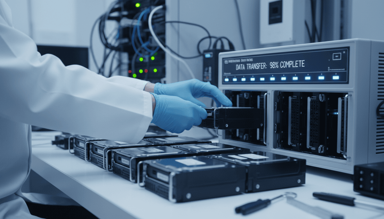 Technician extracting data from multiple server drives in controlled lab setting