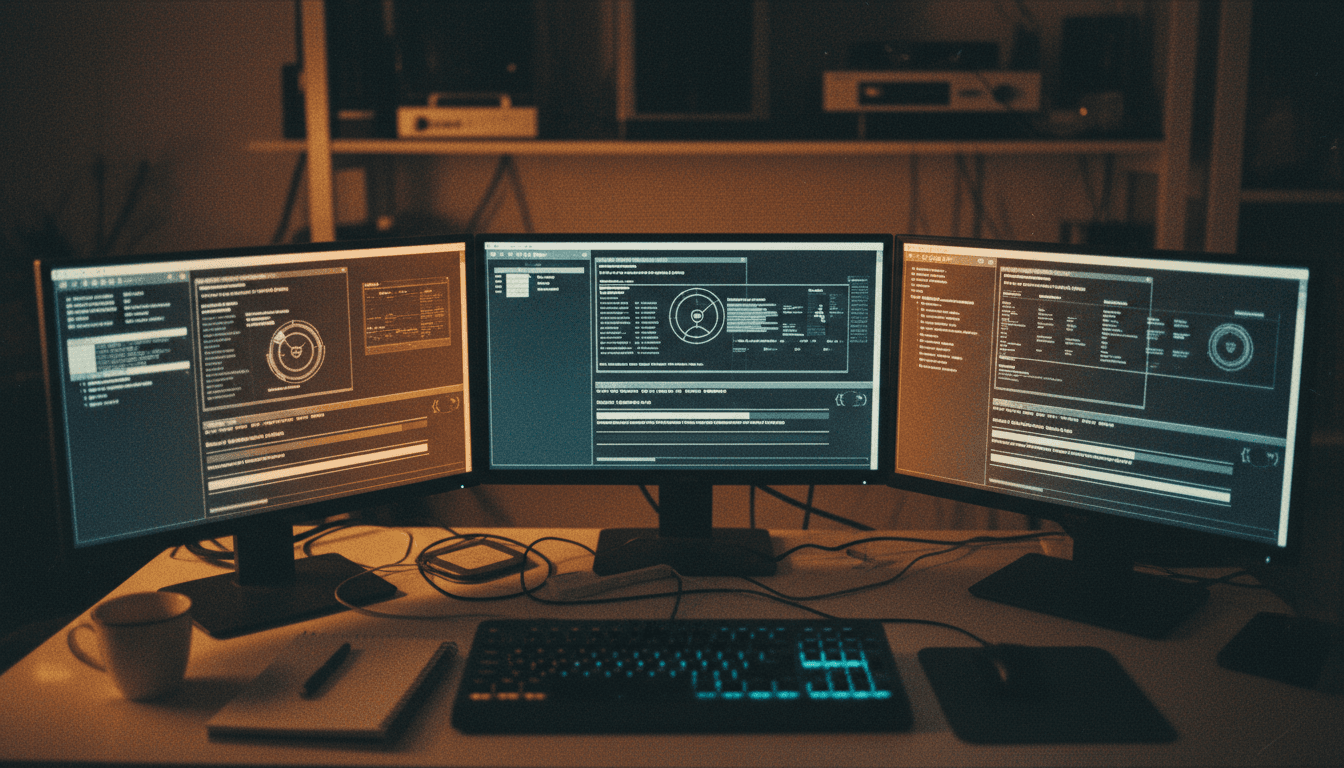 Close-up of workstation monitors and keyboard