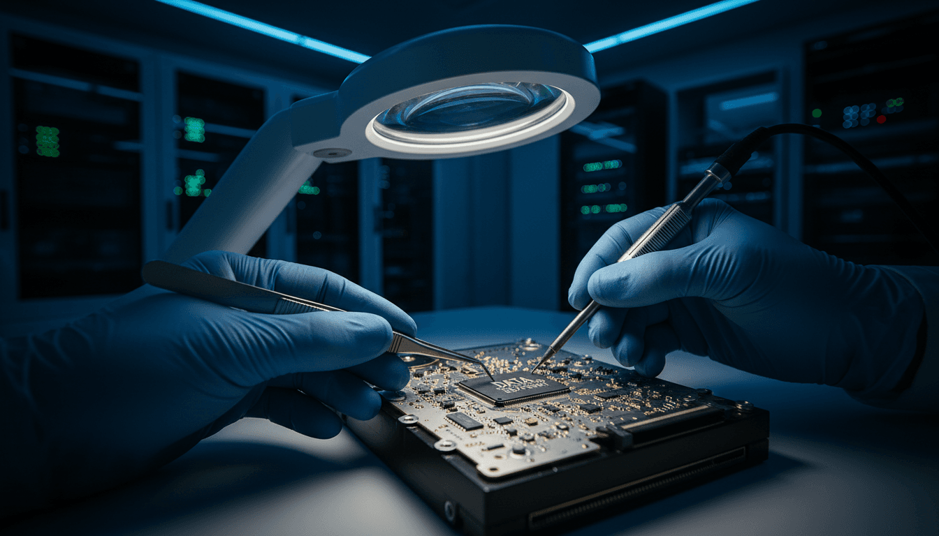 Certified engineer examining hard drive circuit board under magnification in clean-room environment