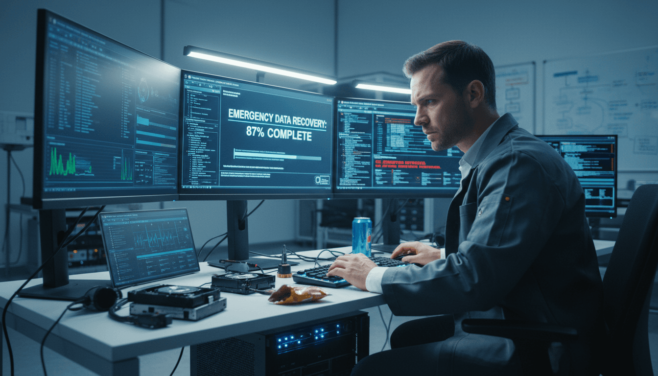 Emergency data recovery technician working intensive recovery session