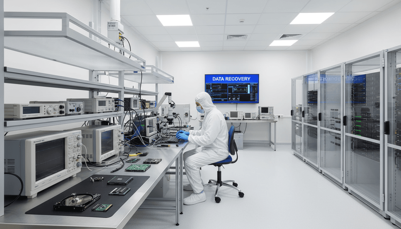 Data recovery laboratory with certified engineer performing diagnostics on hard drive components