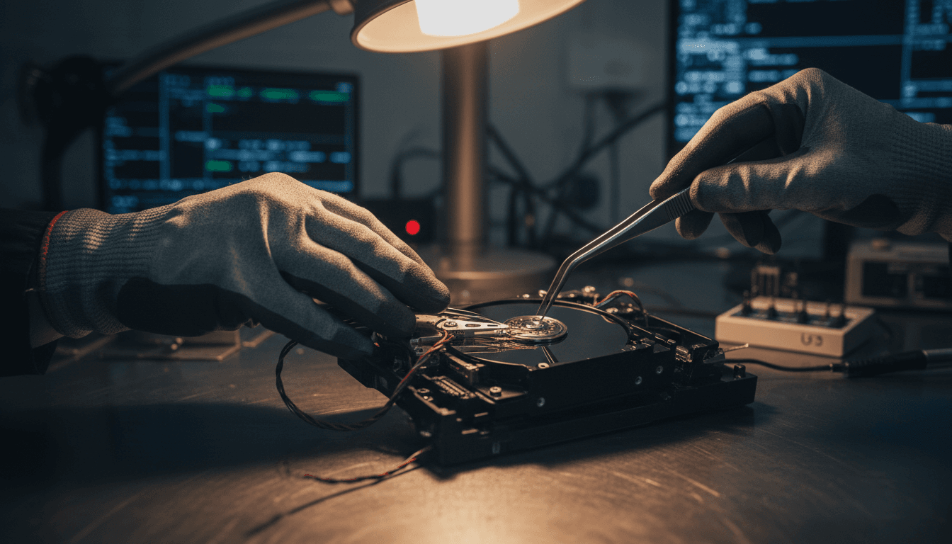 Certified technician carefully extracting a hard drive in a data recovery laboratory