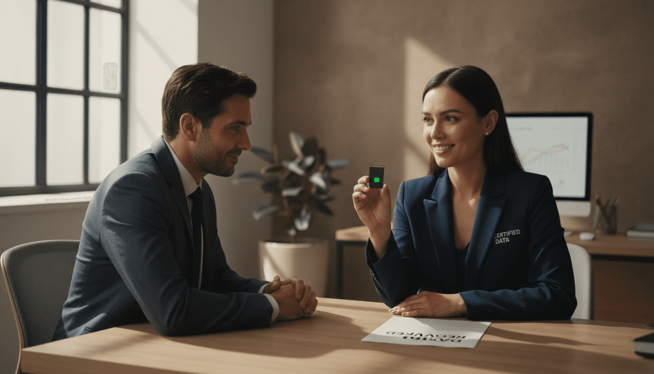 Engineer presenting recovered SSD to client in consultation