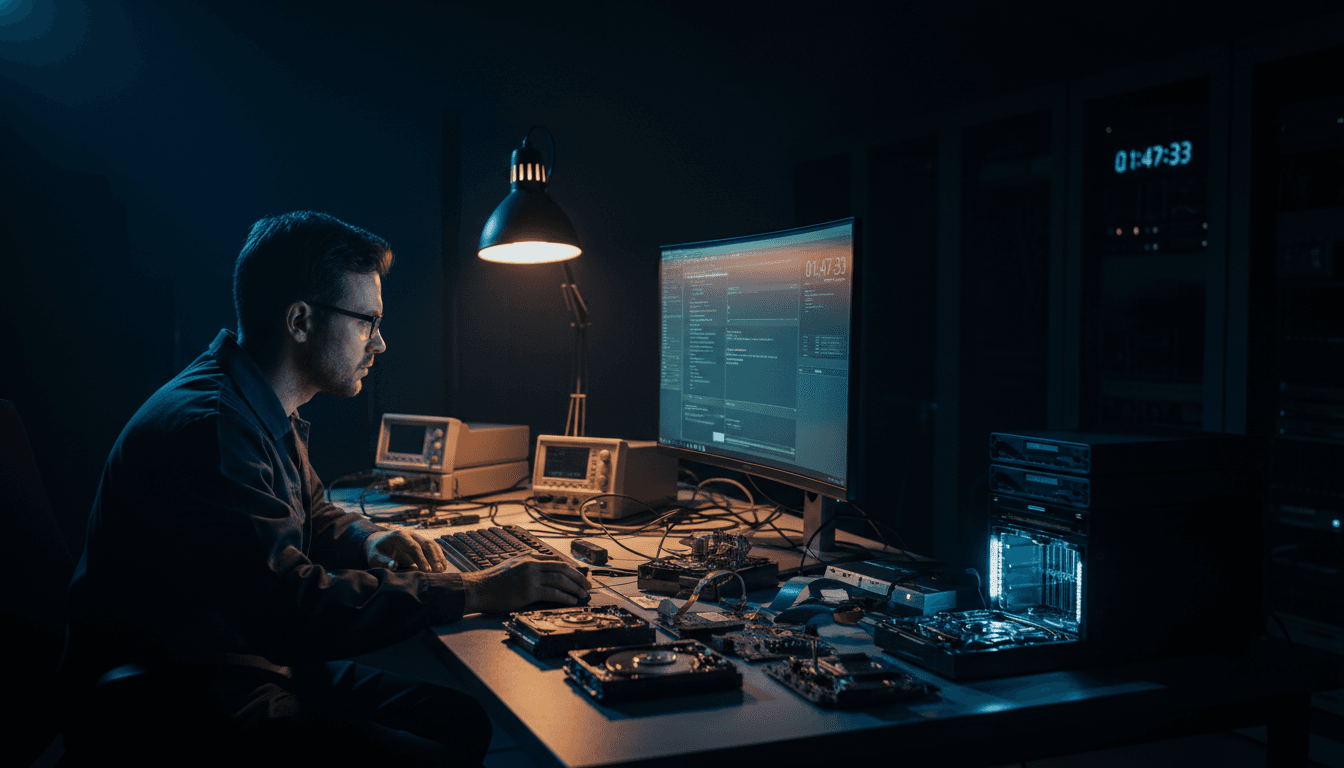 Data recovery technician working on urgent file recovery during late night emergency service