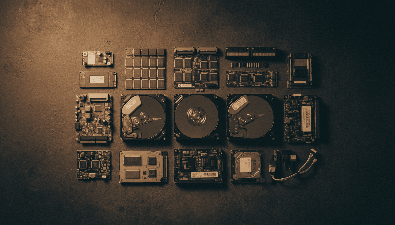 Array of hard drives, SSDs, and RAID components