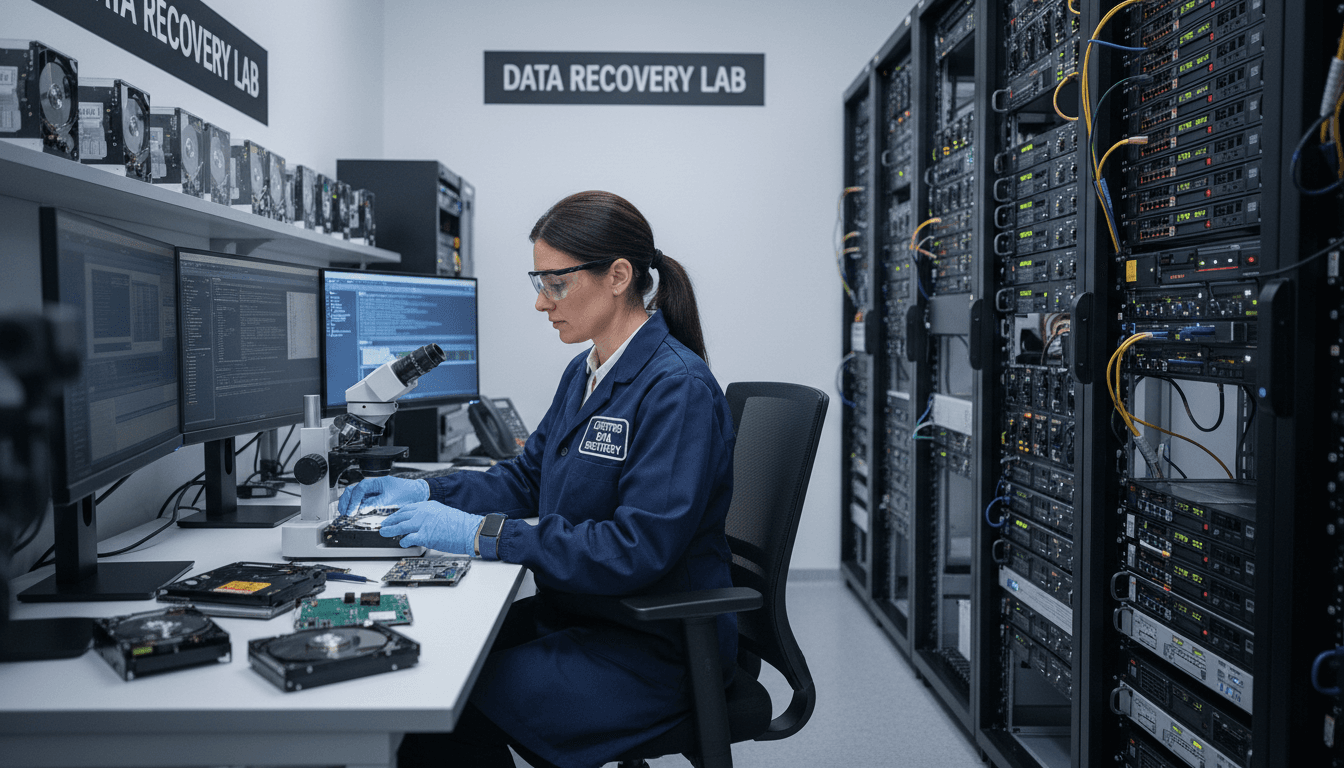 Data recovery engineer examining hard drive in secure lab environment