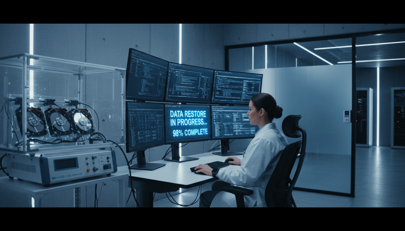 Certified engineer performing data recovery on hard drive in secure Los Angeles facility