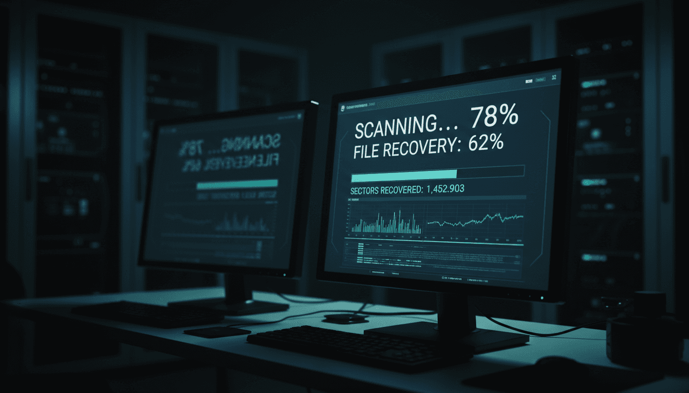 Data recovery diagnostic software showing real-time recovery progress and metrics