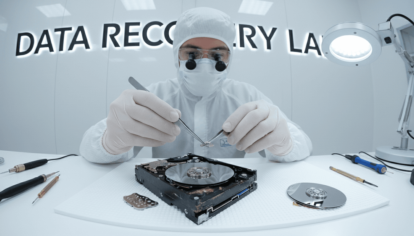 Technician inspecting damaged storage device with professional tools