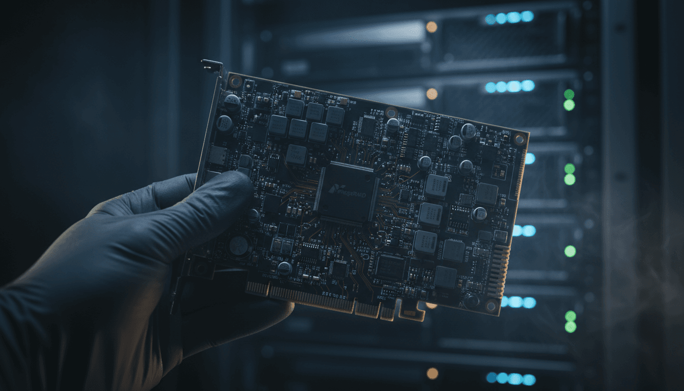 RAID controller card being serviced by a technician