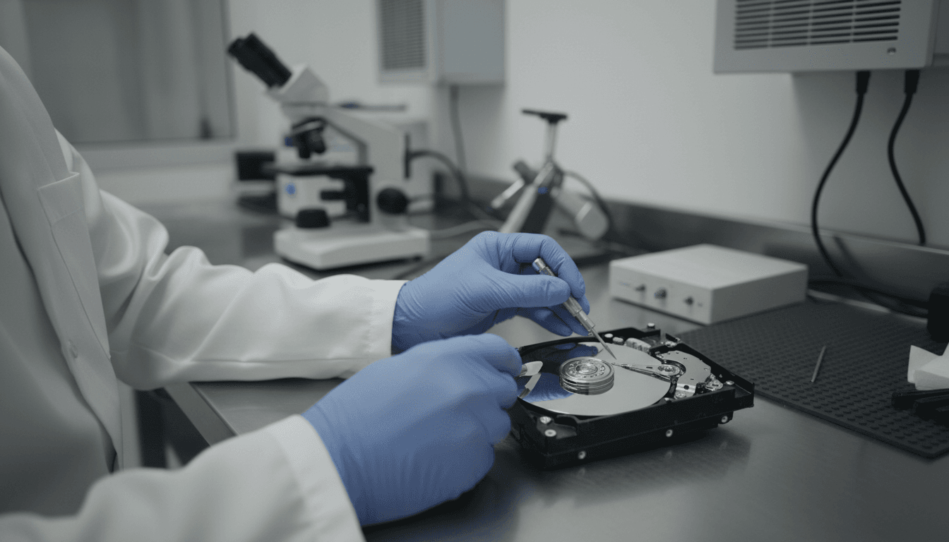 Certified engineer performing secure hard drive diagnostics