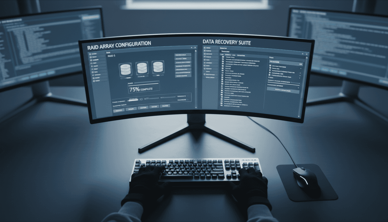 RAID configuration recovery software interface displayed on workstation