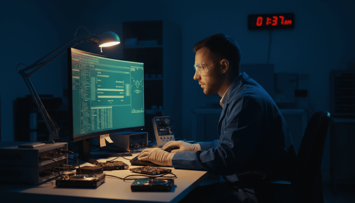Engineer performing SSD recovery during evening hours